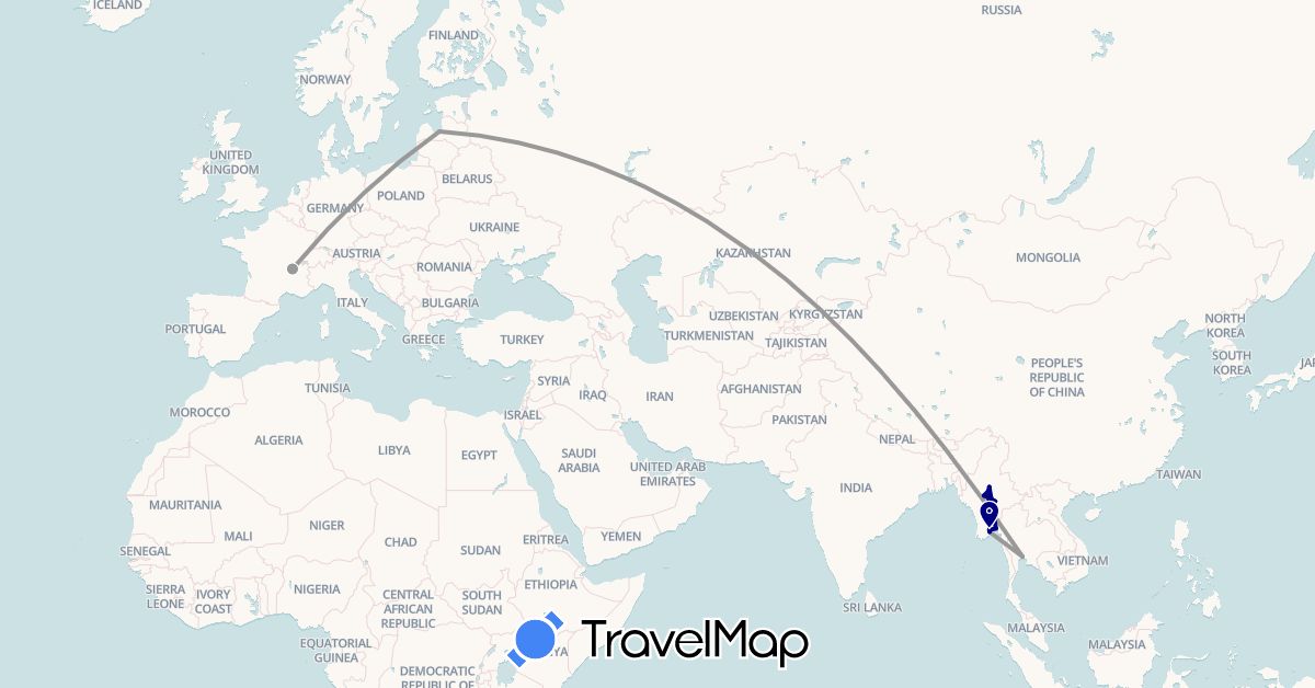 TravelMap itinerary: driving, plane in France, Latvia, Myanmar (Burma), Thailand (Asia, Europe)